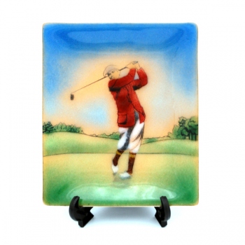 七宝焼|飾皿・12×10　ゴルファー　ジャケット赤