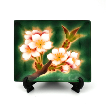 七宝焼|飾皿・14.5×18　エマイユ桜　緑