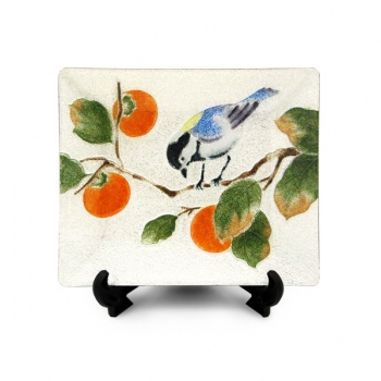 七宝焼|飾皿・10×12　柿とシジュウカラ