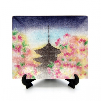 七宝焼|飾皿・10×12　五重塔と桜