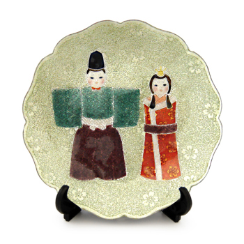 七宝焼|飾皿・径12　ひな祭り　八稜立雛・緑　【在庫限り】