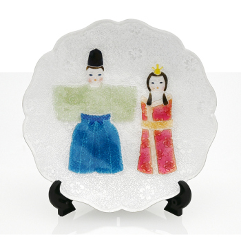 七宝焼|飾皿・径12　ひな祭り　八稜立雛・白青