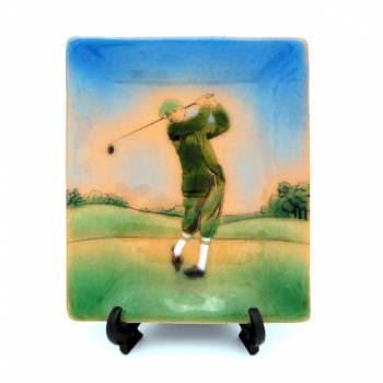 七宝焼|飾皿・12×10　ゴルファー　ジャケット緑